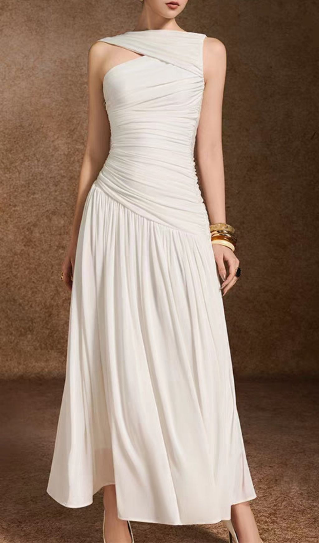 Kelsey White Ruched Maxi Dress