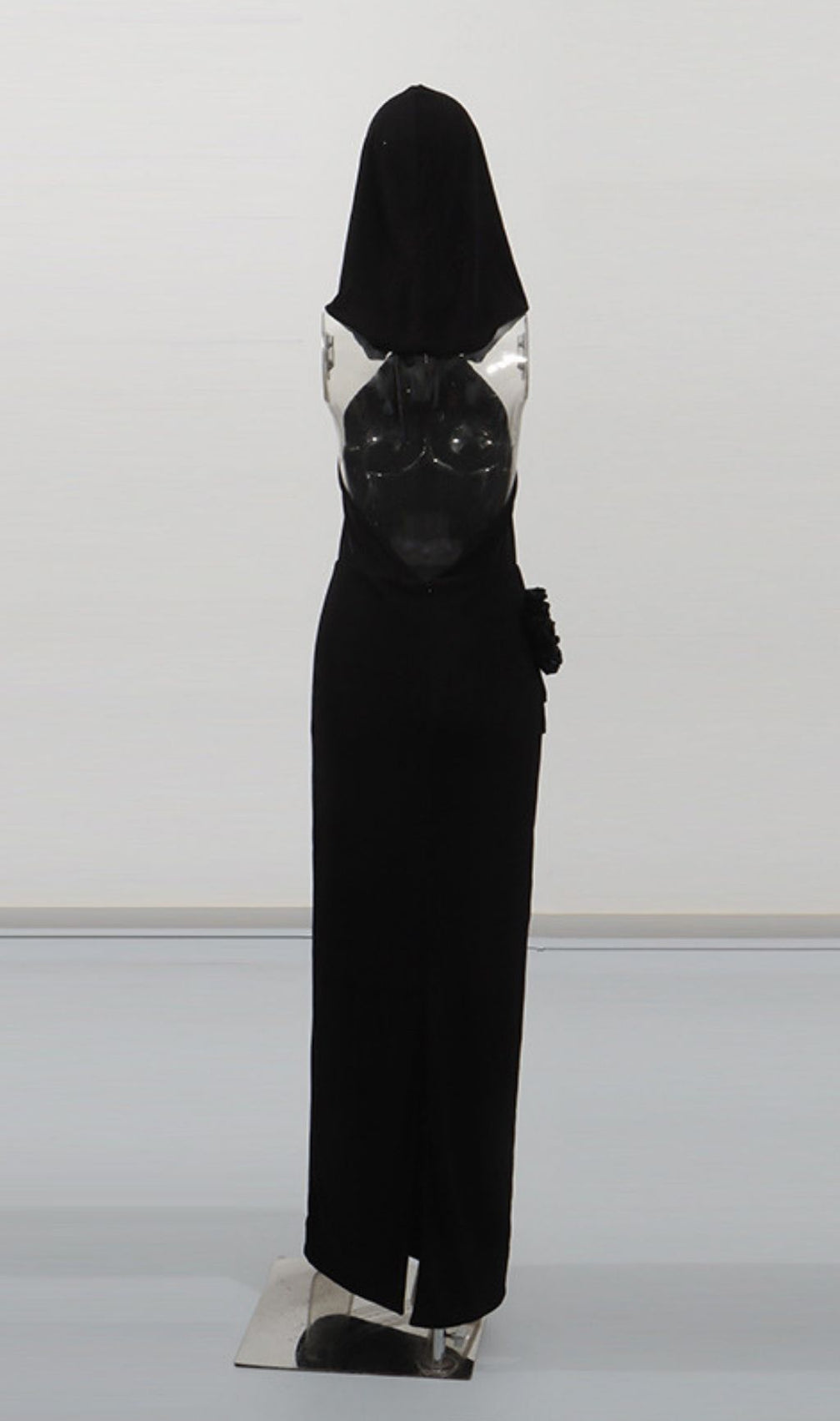 Jyn Black Halter Maxi Dress with Sculptural Floral Embellishment - Elegant Evening Gown