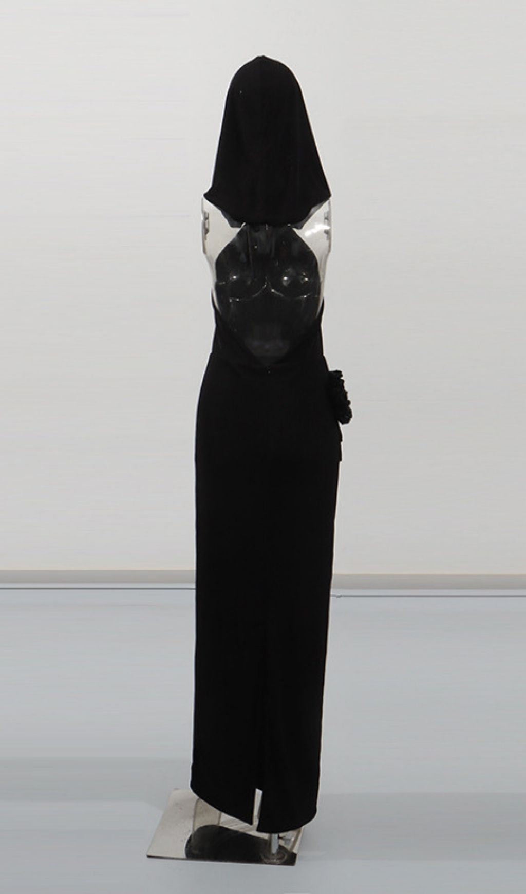 Jyn Black Halter Maxi Dress with Sculptural Floral Embellishment - Elegant Evening Gown