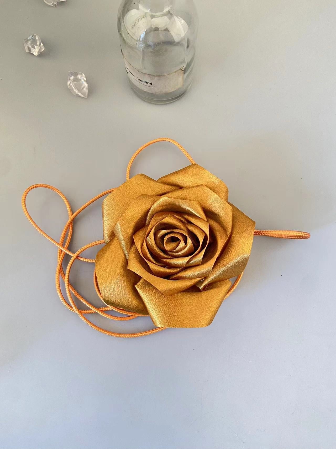 Ayano Elegant Pink Satin Rose Choker Necklace | Chic Floral Statement for Women