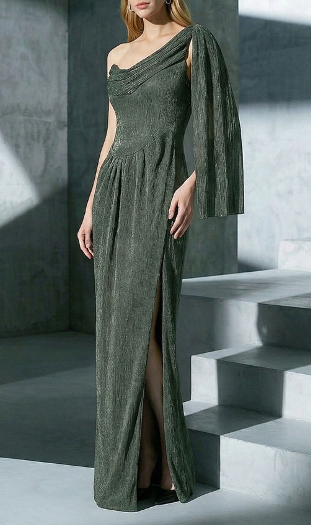 Jenae Olive One-Shoulder Maxi Dress