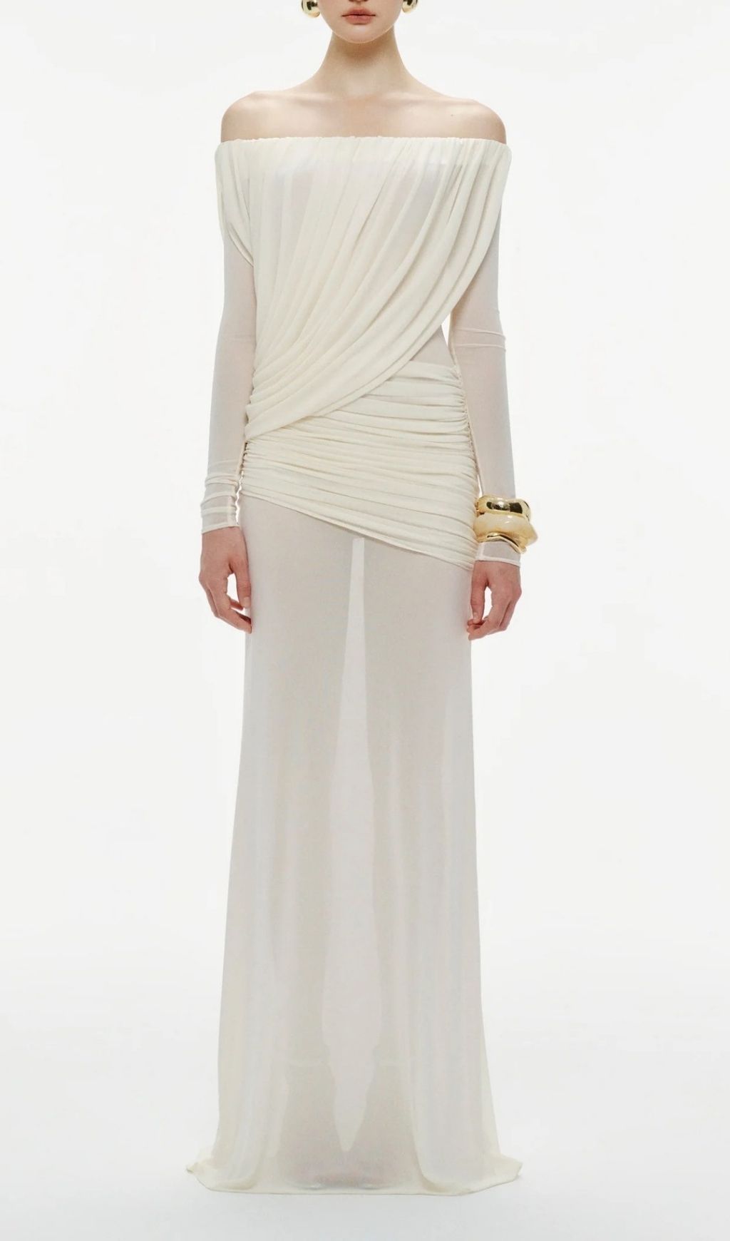 Kalinda Glamorous White Off-Shoulder Pleated Mesh Maxi Dress | Perfect for Weddings & Galas