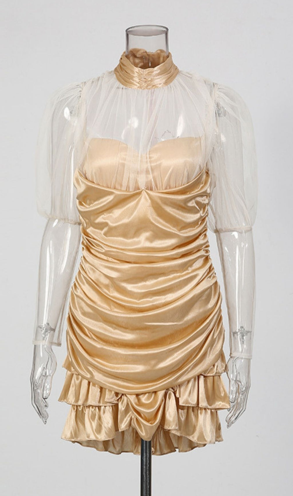 Kerith Glamorous Gold Ruched Mini Dress with Sheer Puff Sleeves