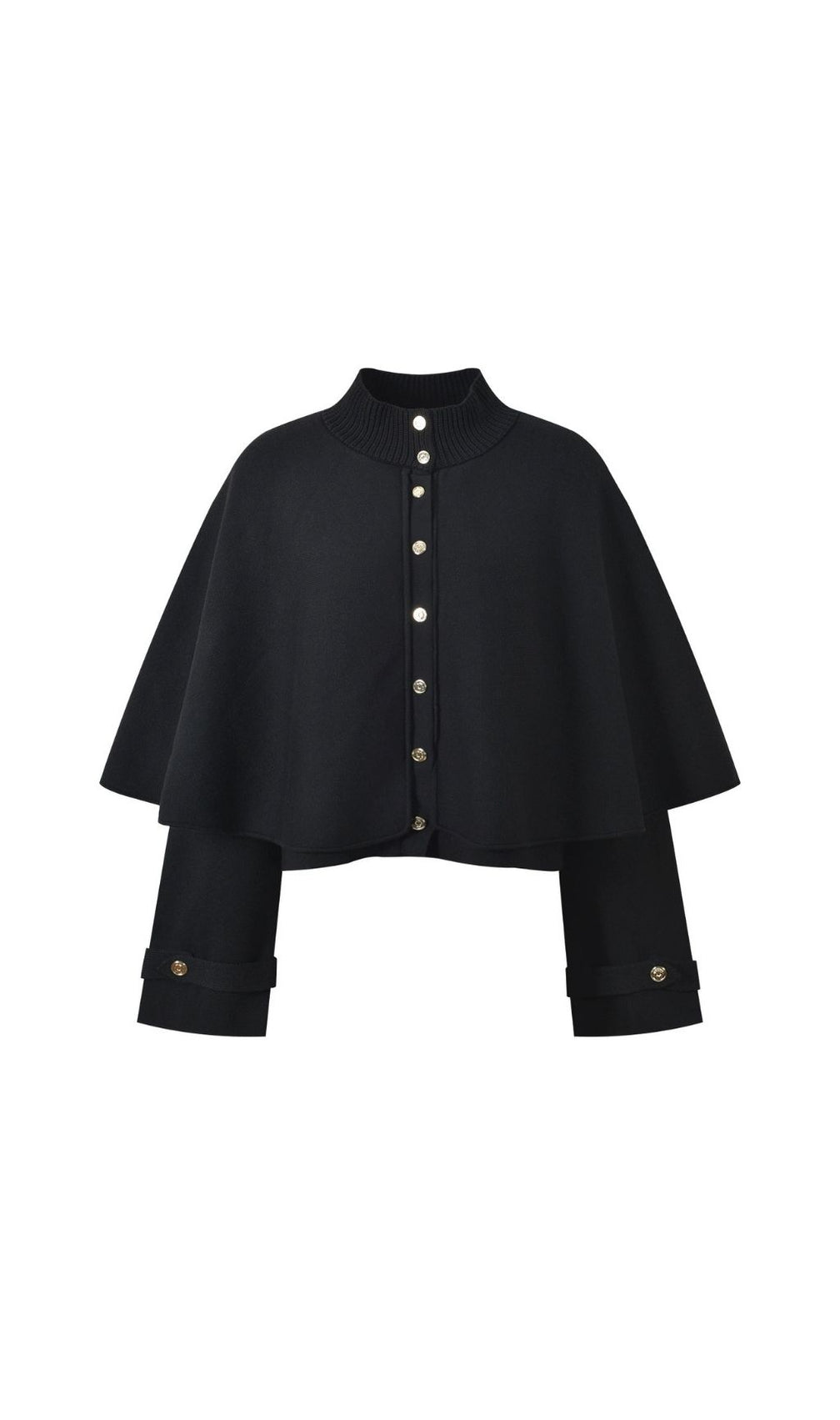 Chic Black Cape Effect Cardigan with Gold Clover Buttons