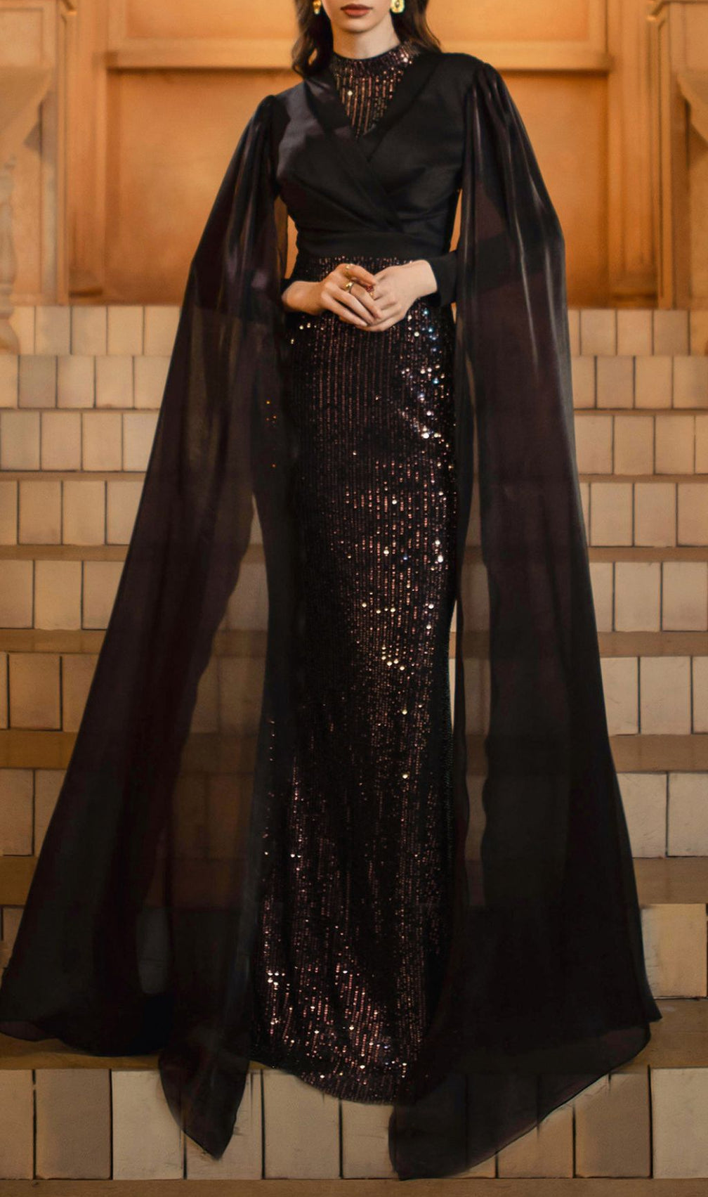 Folami Sequin Mesh Sleeve Maxi Dress