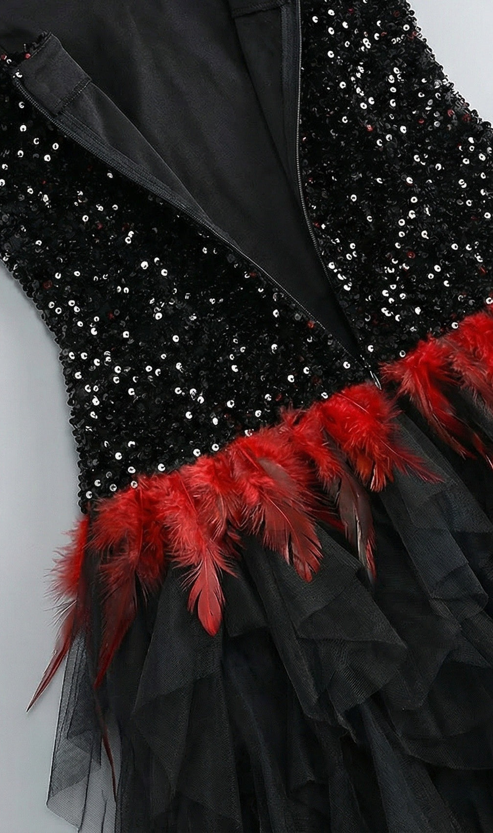 Jainna Black Sequin & Red Feather Strapless Mesh Maxi Gown - Evening Glamour