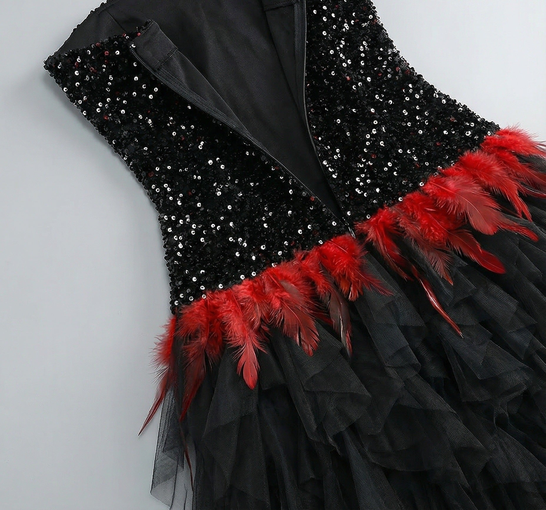 Jainna Black Sequin & Red Feather Strapless Mesh Maxi Gown - Evening Glamour