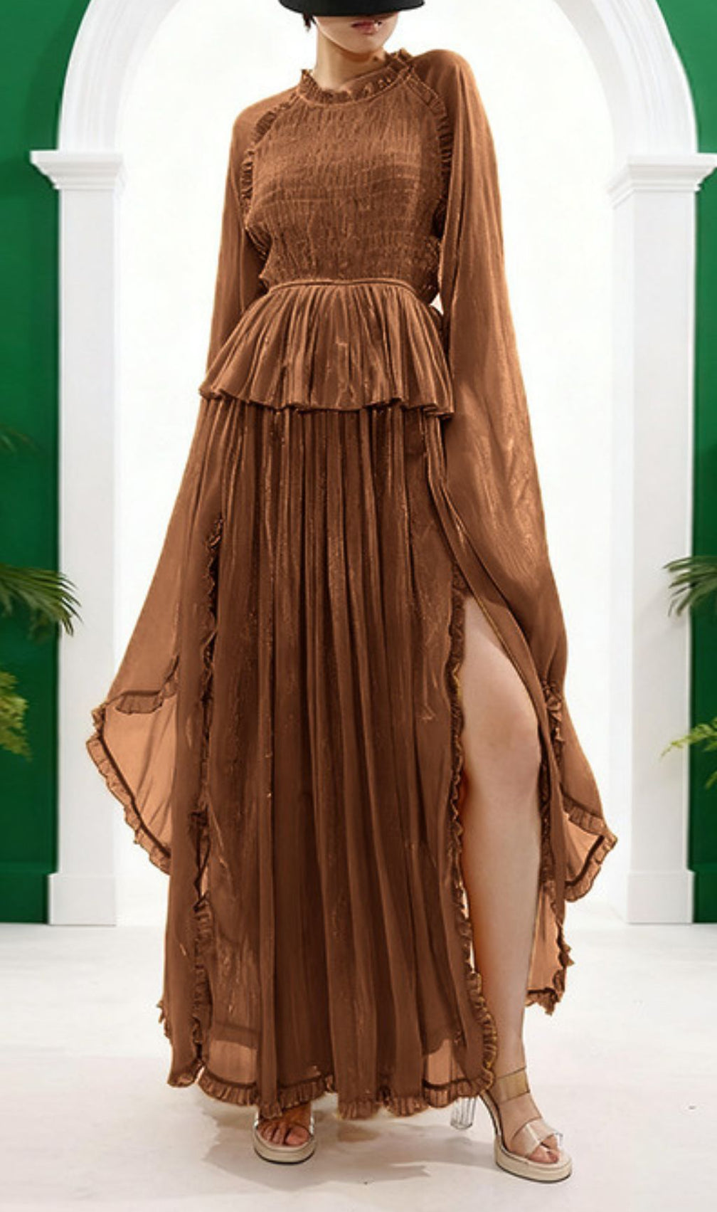 Holle Golden Pleated Maxi Dress for Women - Elegant Long Sleeve Occasion Gown