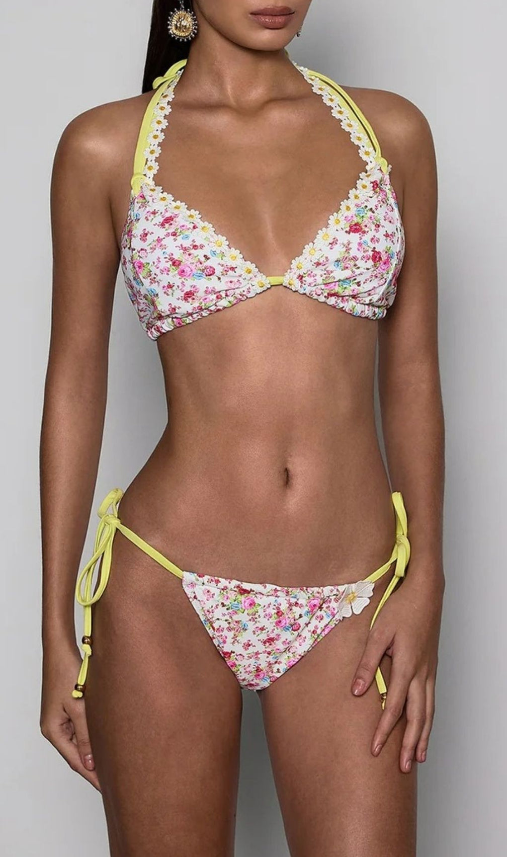 Nelyxa Sweet Floral Halter Bikini Set with Daisy Trim - Two-Piece Swimsuit for Women