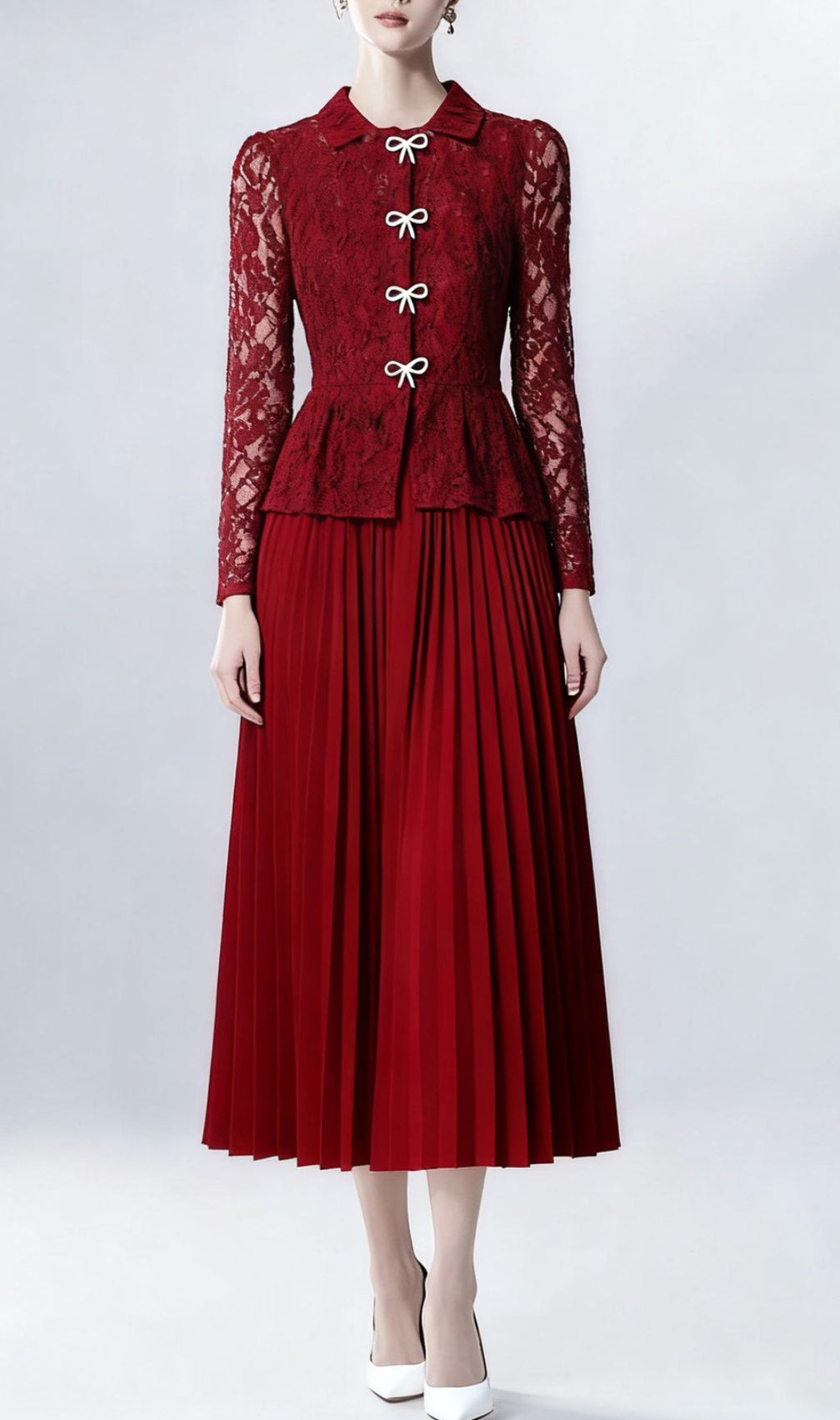 Izel Bow Lace Pleated Long Sleeve Midi Dress