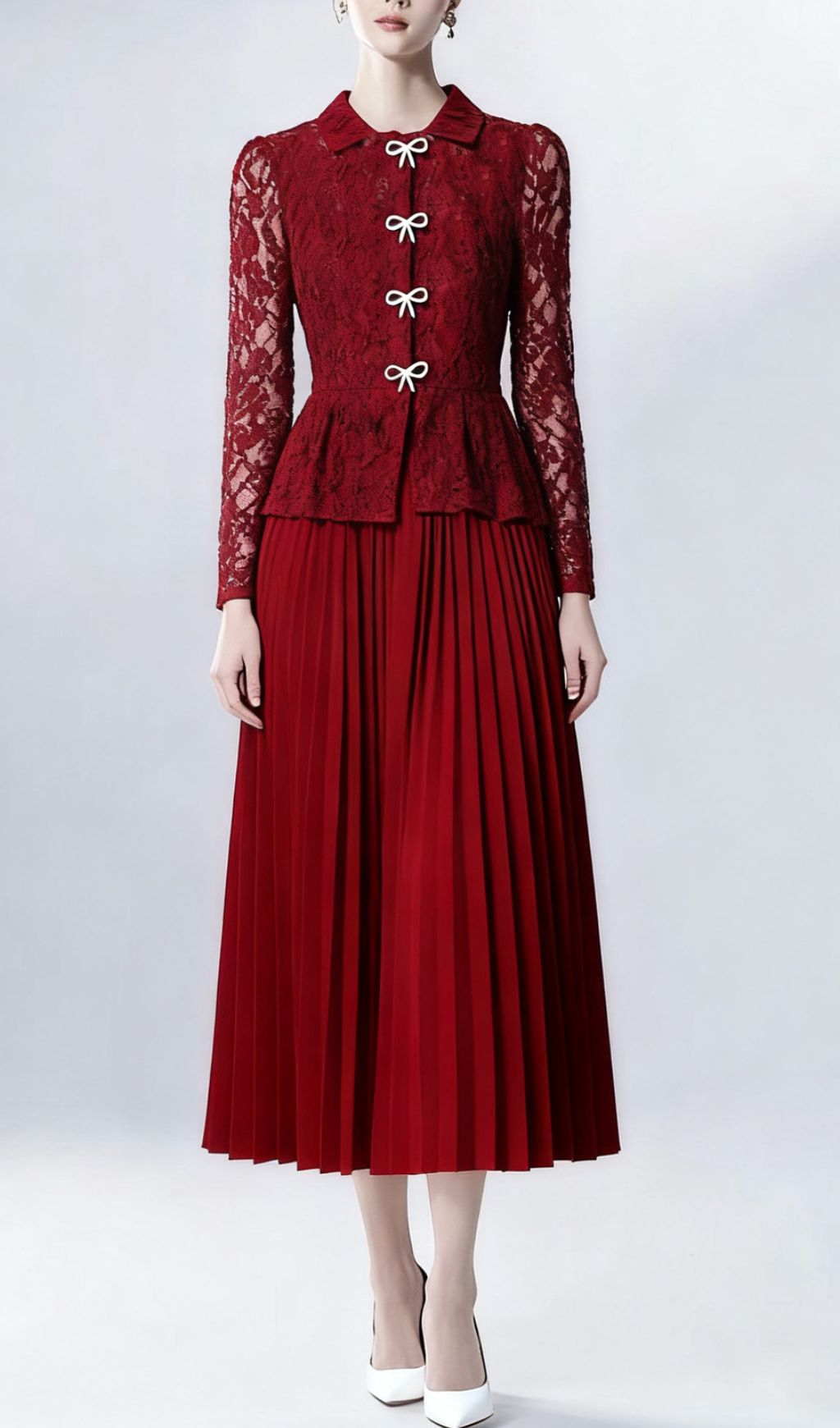 Izel Bow Lace Pleated Long Sleeve Midi Dress