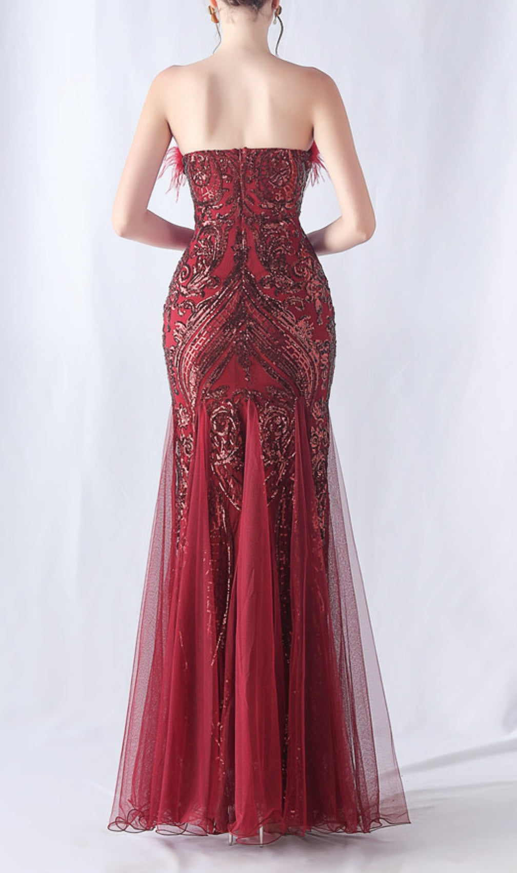 Choire Red Sequin Feather Maxi Dress