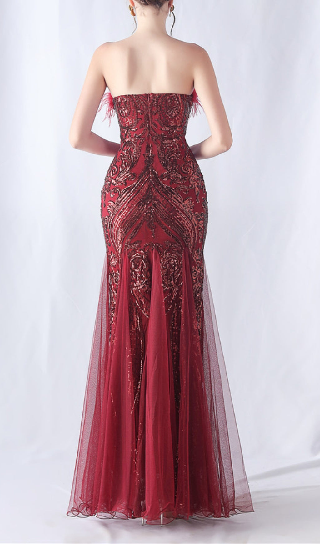 Choire Red Sequin Feather Maxi Dress