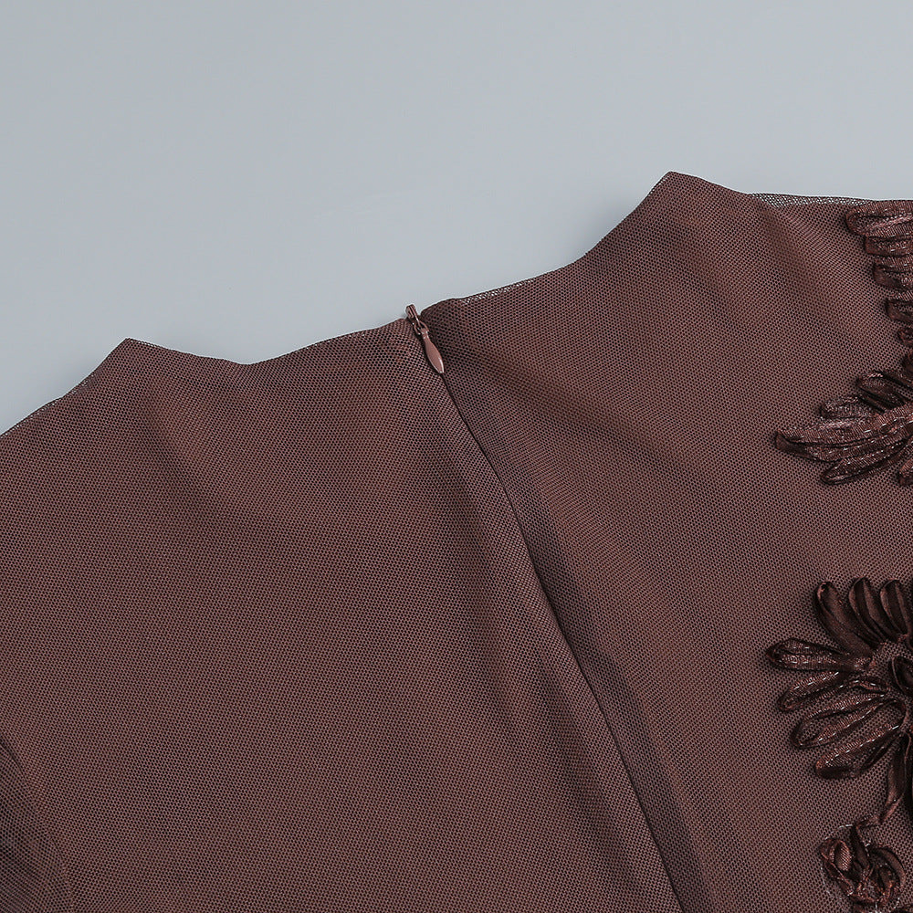 Jovan Coffee Flower Long Sleeve Mini Dress | Sheer Bell-Sleeve Floral Dress