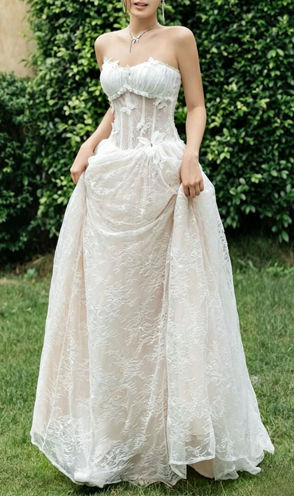 Sally 3D Butterfly Waist-Cinching Strapless Lace Maxi Dress
