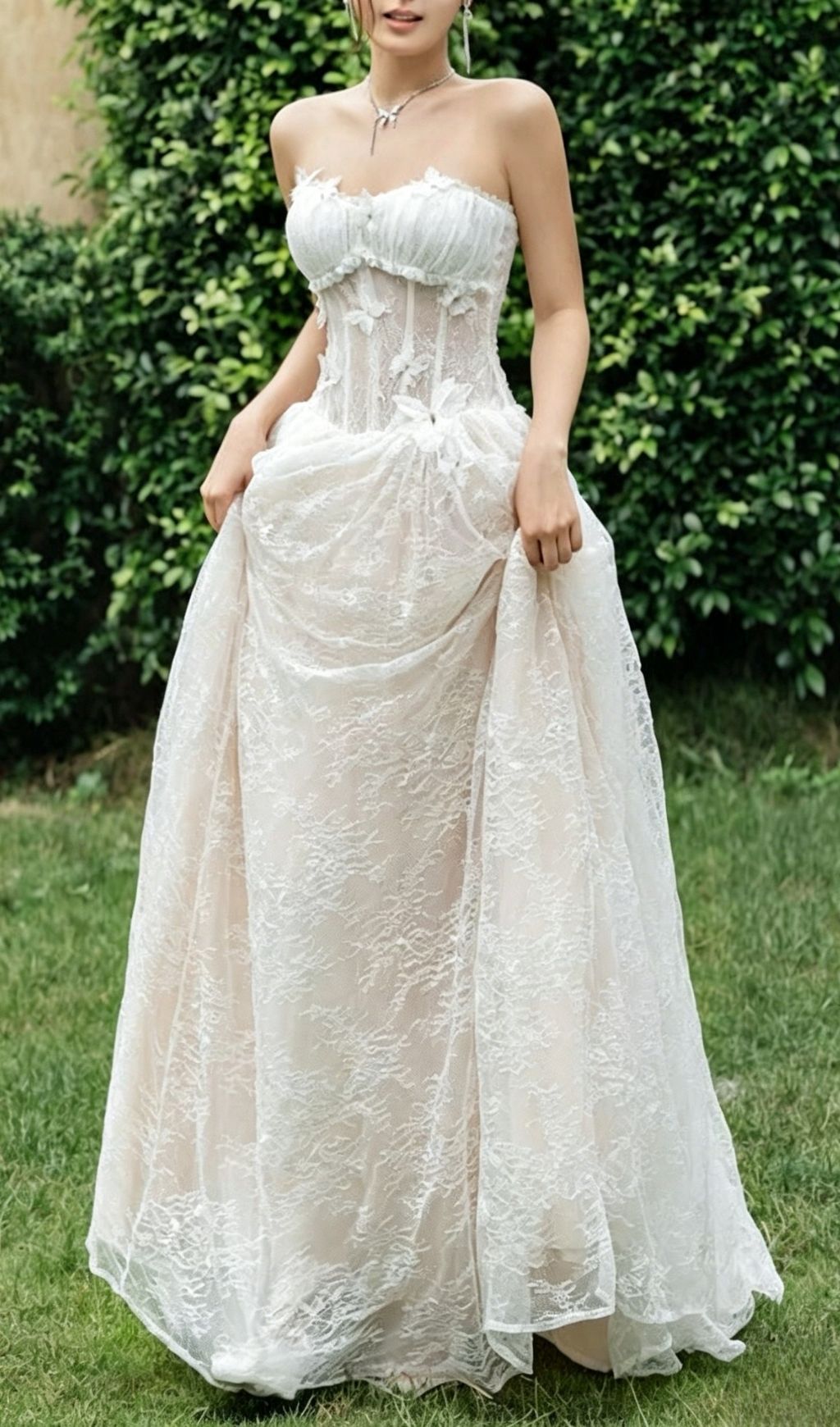 Sally 3D Butterfly Waist-Cinching Strapless Lace Maxi Dress