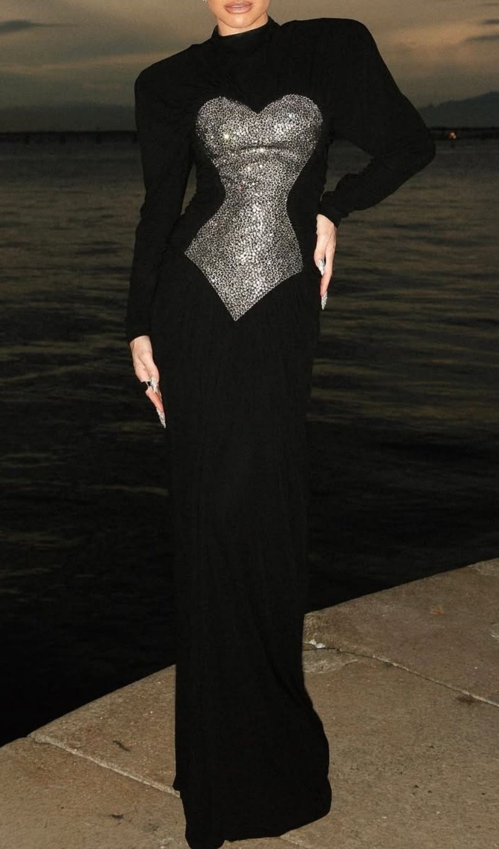 Katalina Black Diamante Sparkle Ruched Maxi Dress | Elegant Long Sleeve Gown