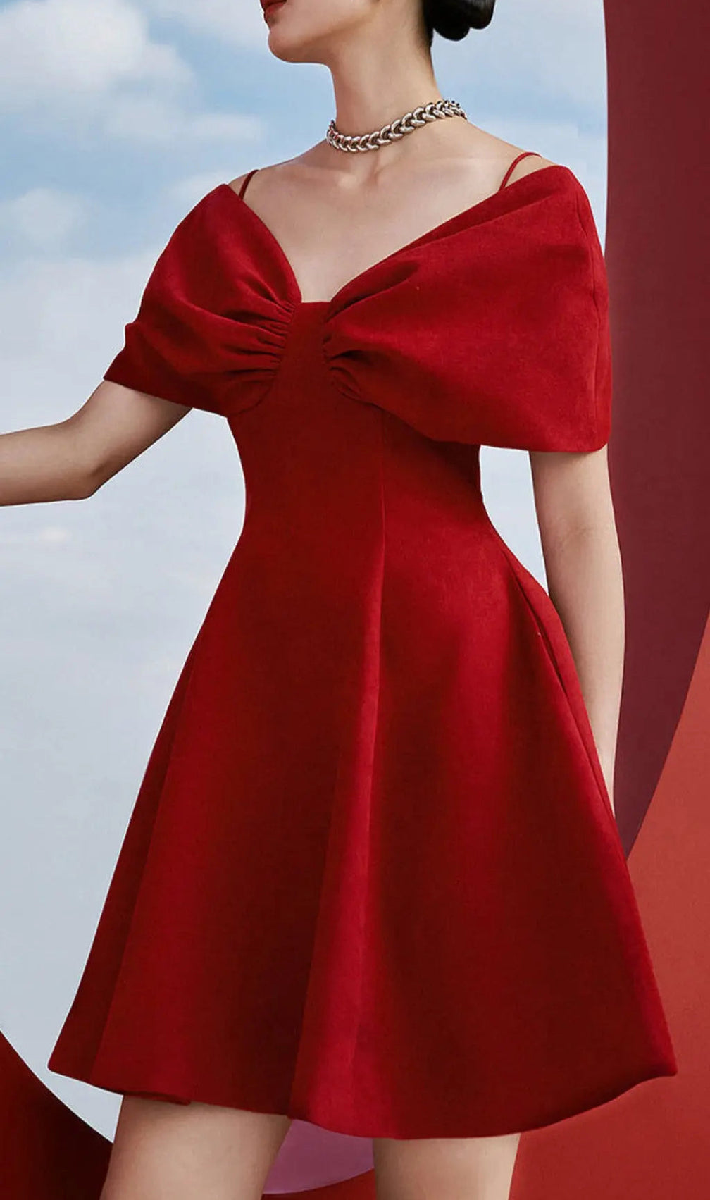 Red Off Shoulder Pleated A Line Dress