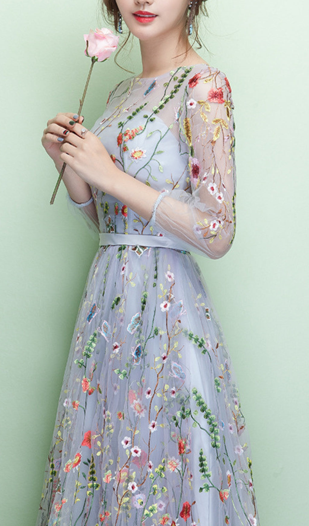 Dannell Gray Flower Mesh Sleeve Maxi Dress