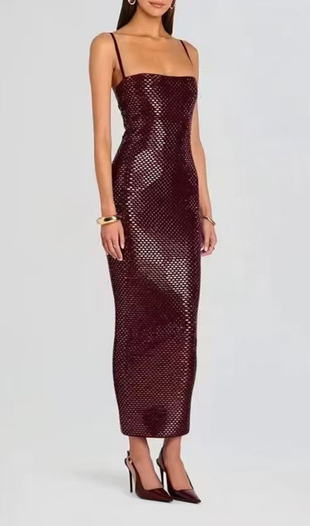 Kiyo Wine Strappy Sequin Bodycon Maxi Dress