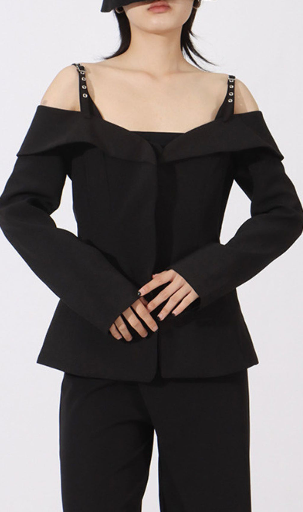 Idalee Black Off-Shoulder Blazer - Chic Tailored Jacket with Grommet Straps