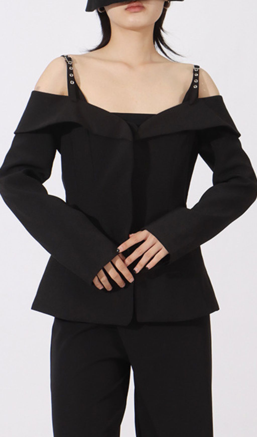 Idalee Black Off-Shoulder Blazer - Chic Tailored Jacket with Grommet Straps