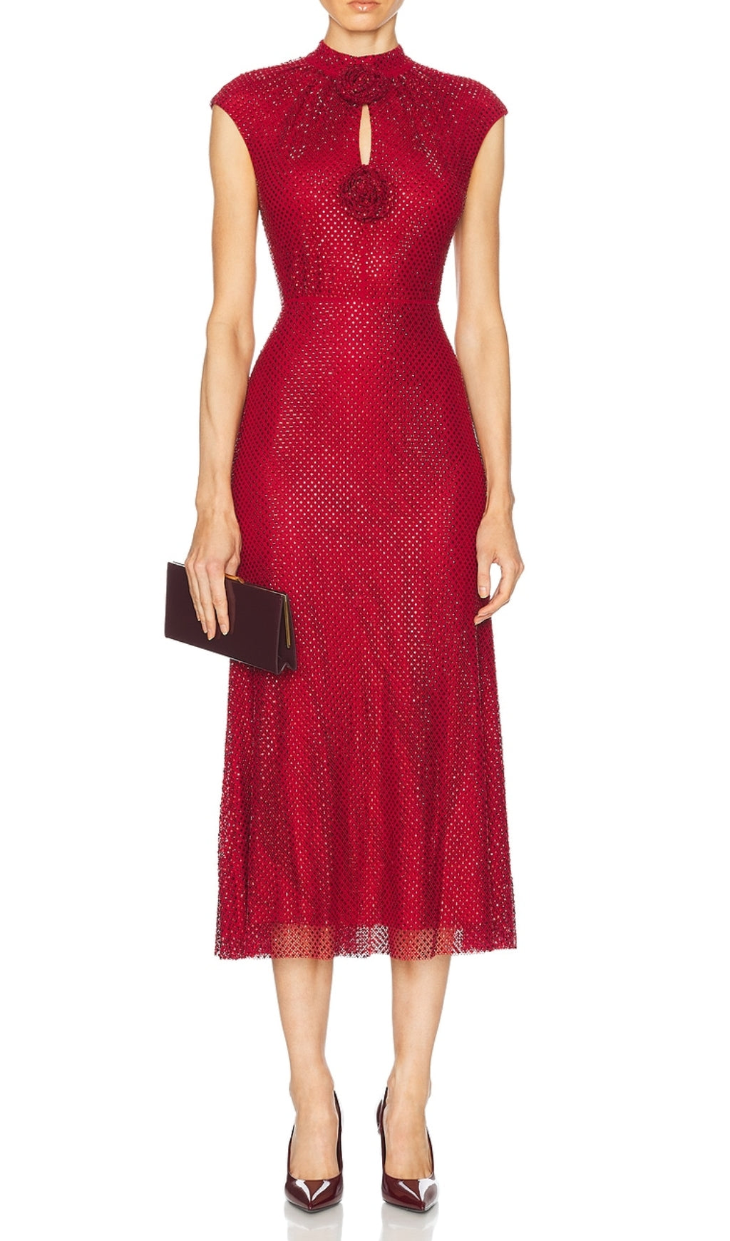 Dagfrid Red Flower Crystal Midi Dress