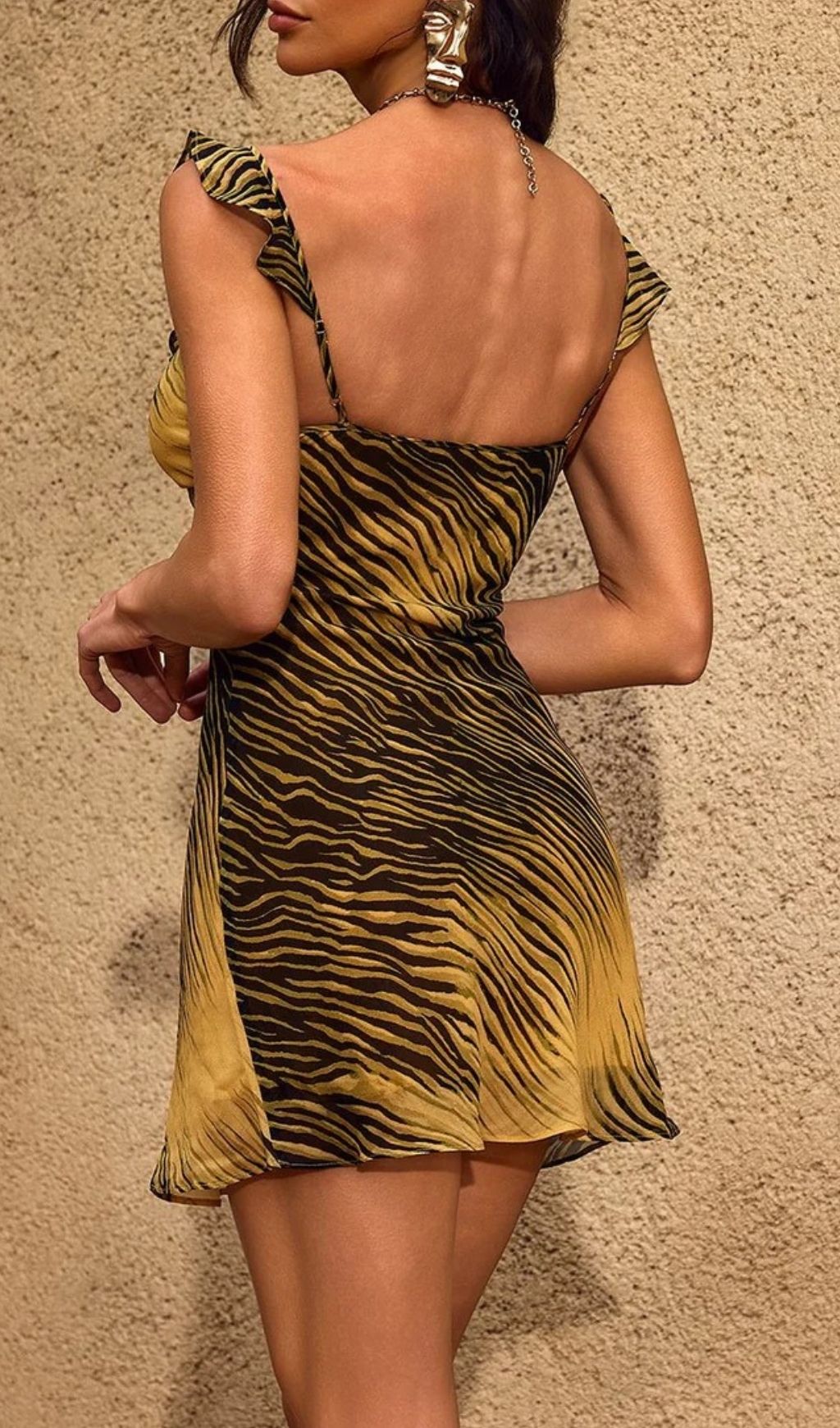 Chiba "Untamed" Tiger Print Ruffle Mini Dress - V-Neck & Flirty