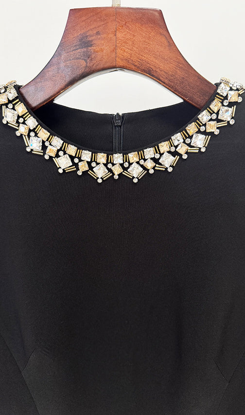 Hallie Black Crystal Long Sleeve Midi Dress