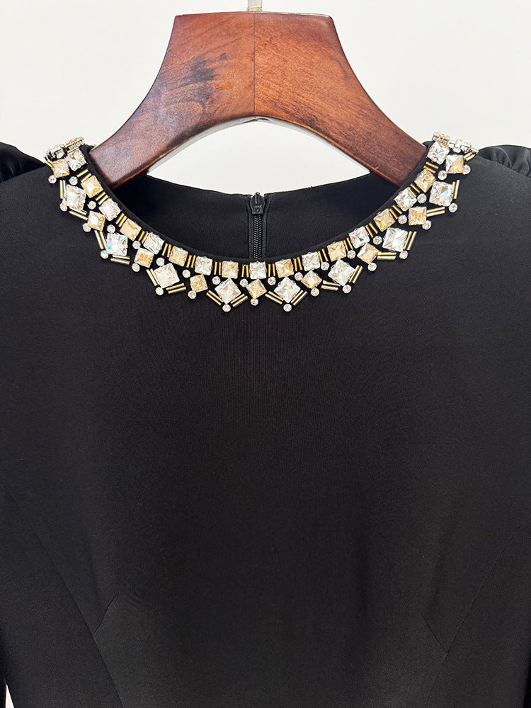 Hallie Black Crystal Long Sleeve Midi Dress