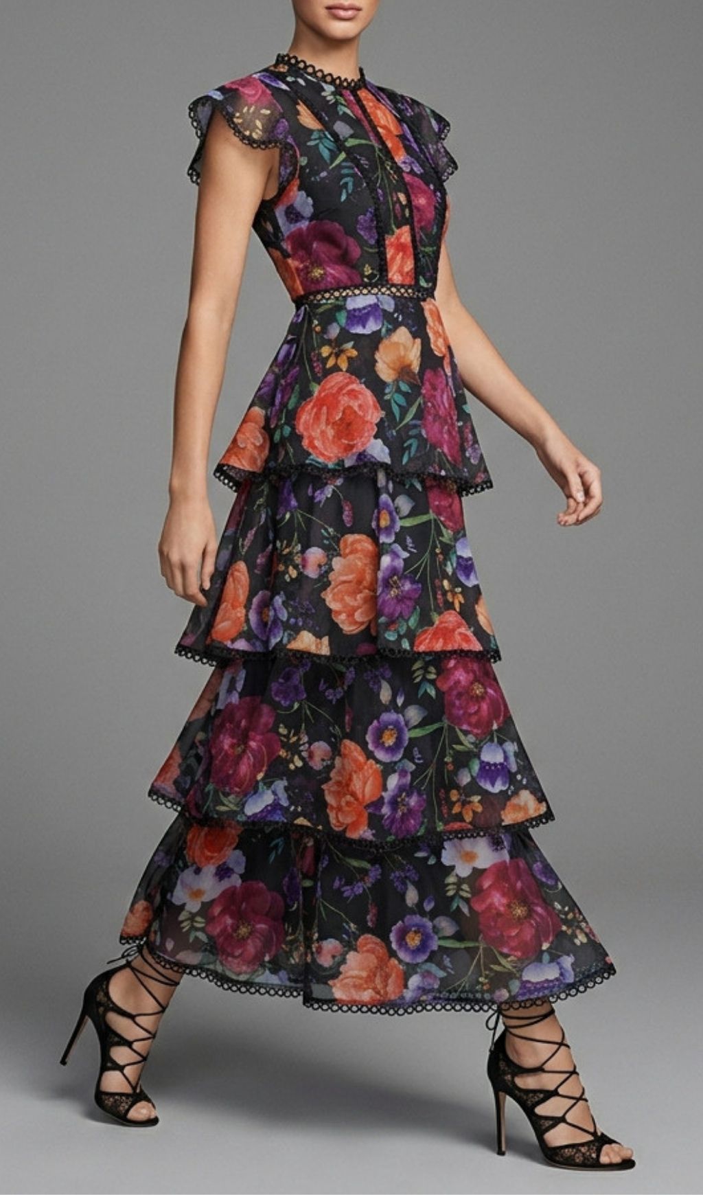 Kavi Elegant Floral Tiered Maxi Dress with Lace Trim - Women's Spring/Summer