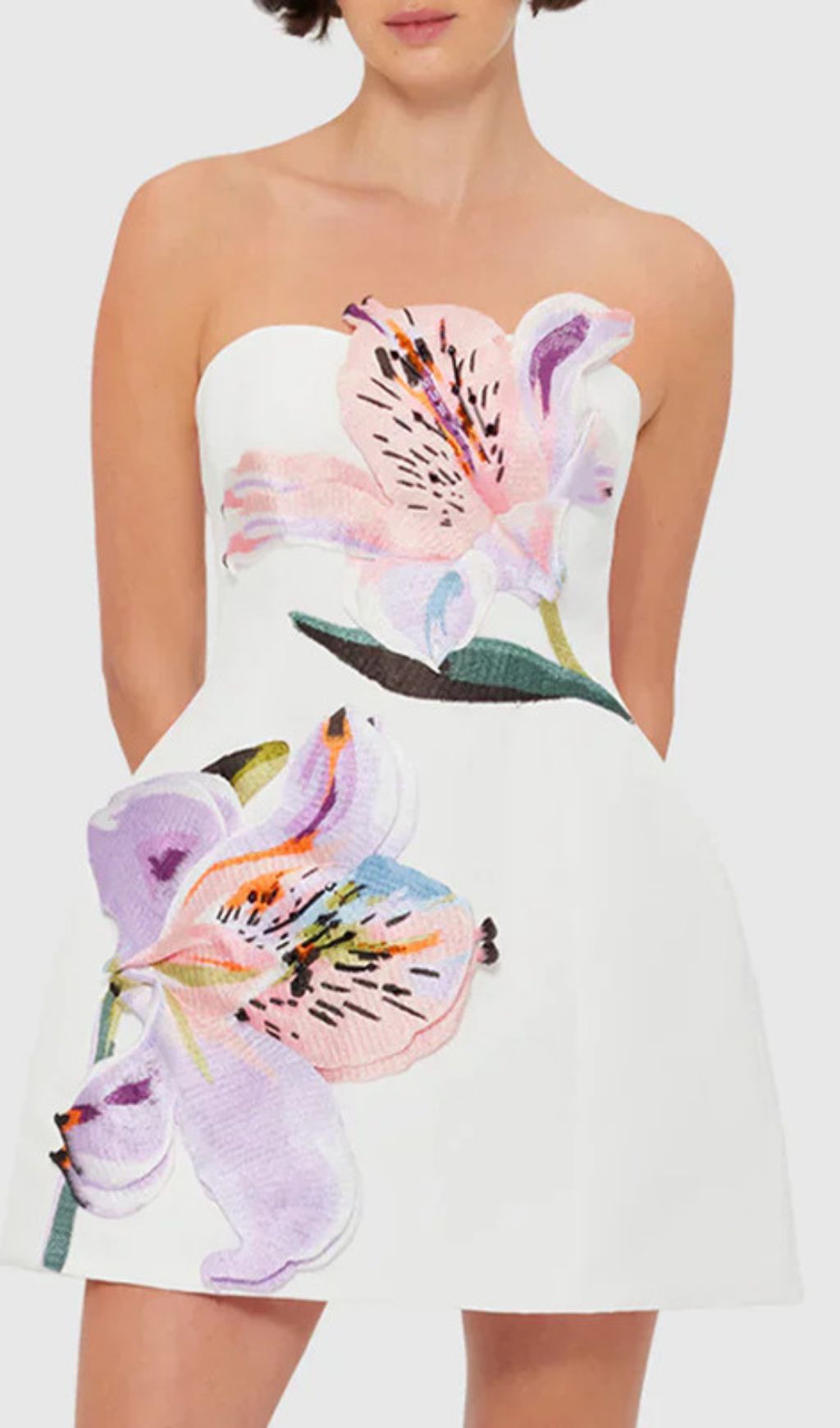 Huy White Strapless Mini Dress | 3D Floral Appliqué for Summer & Parties