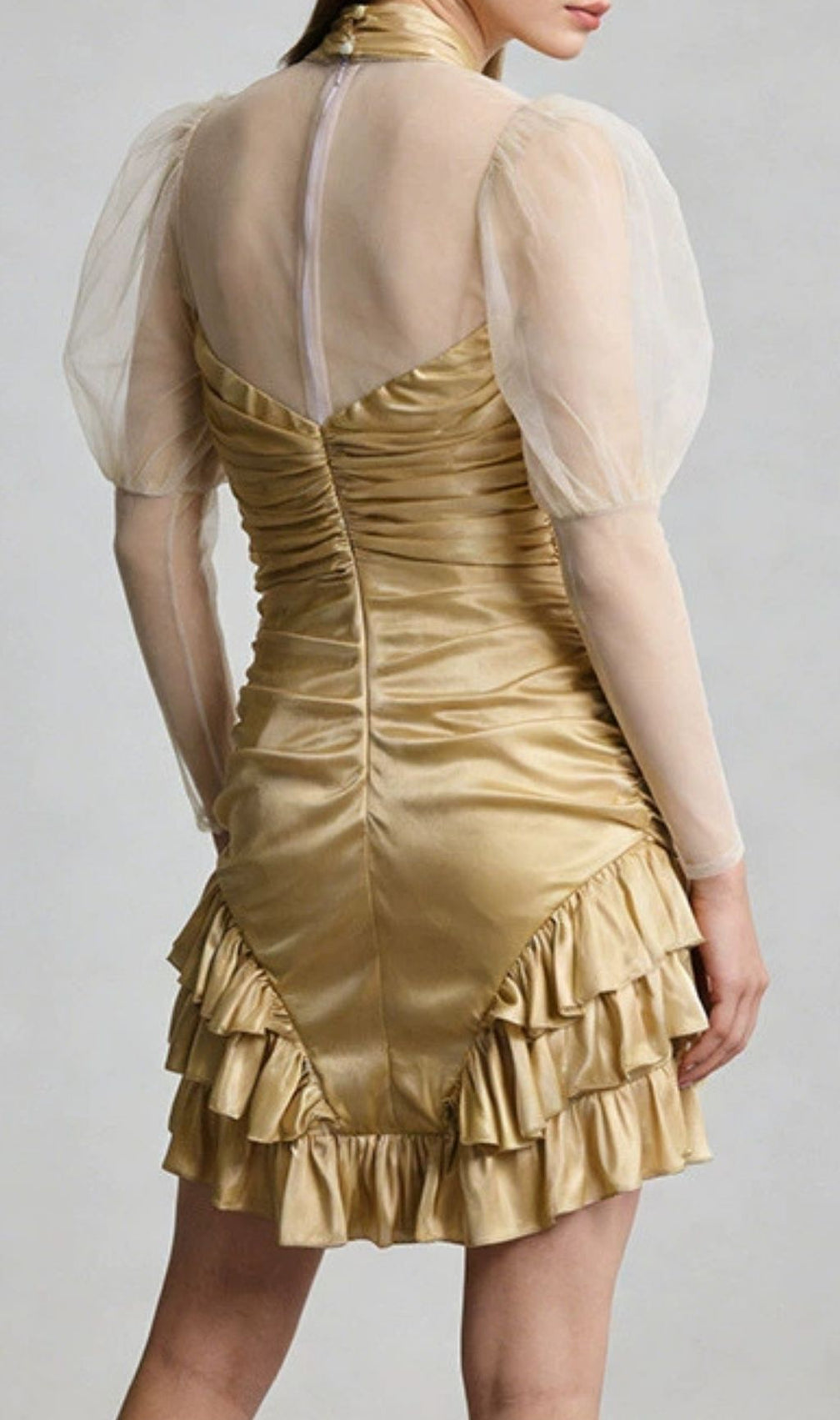 Kerith Glamorous Gold Ruched Mini Dress with Sheer Puff Sleeves