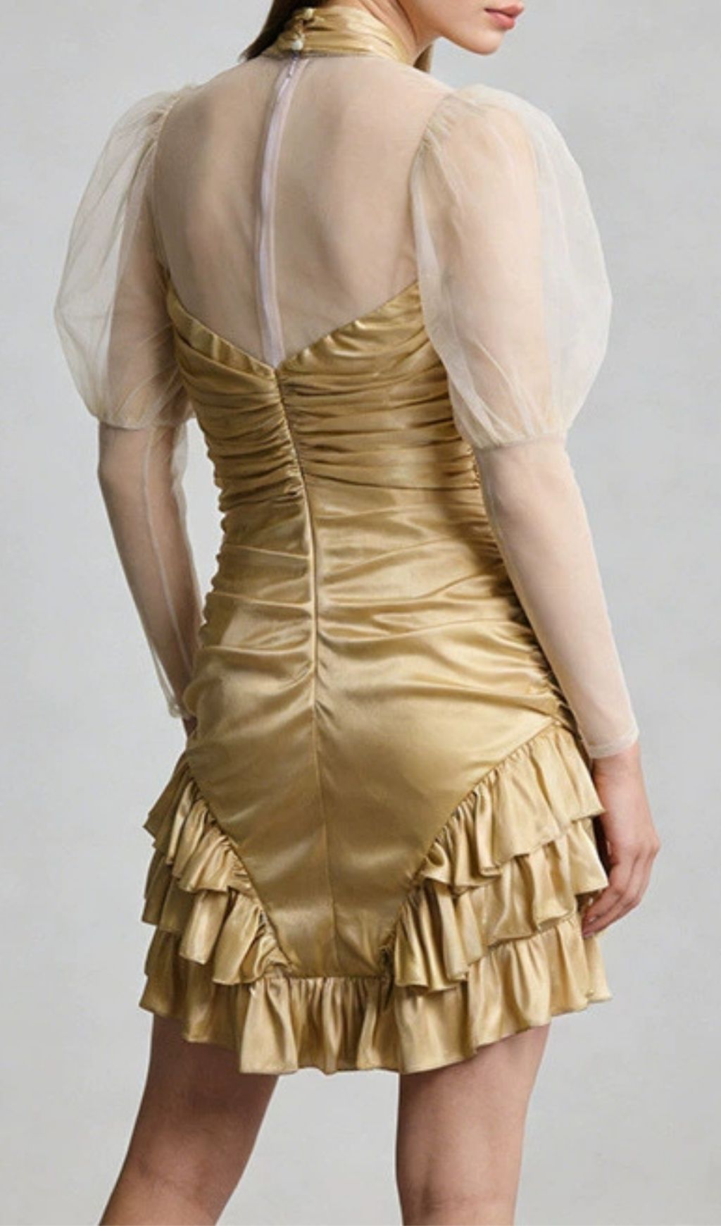 Kerith Glamorous Gold Ruched Mini Dress with Sheer Puff Sleeves