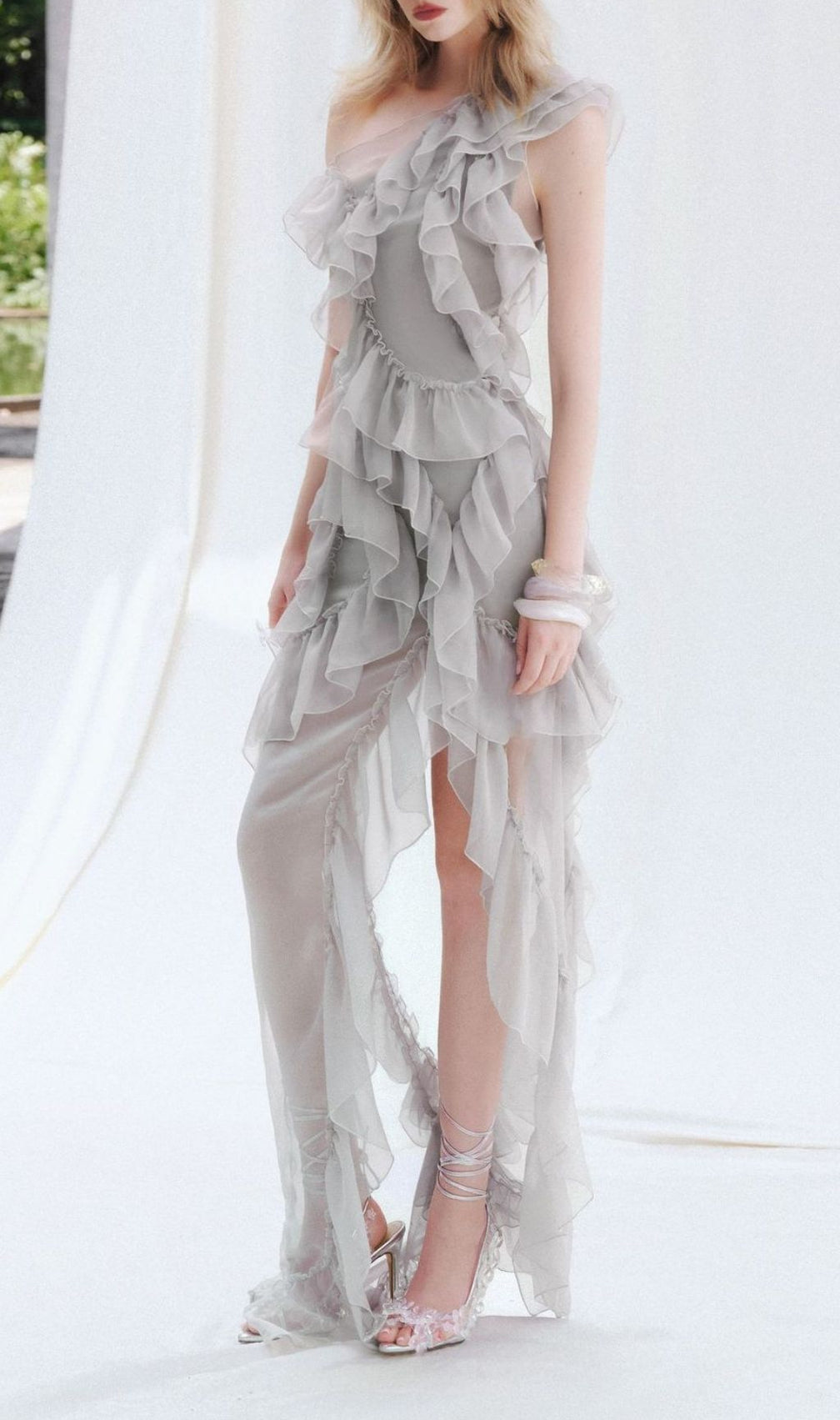 Klyara Grey Ruffle Mesh Maxi Dress