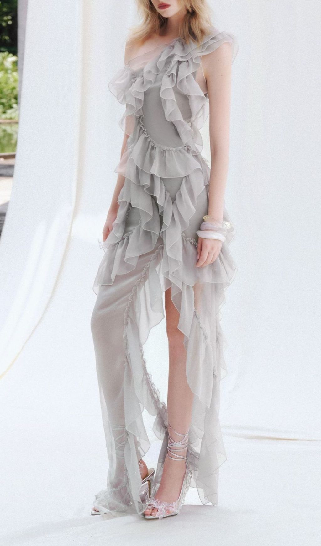 Klyara Grey Ruffle Mesh Maxi Dress