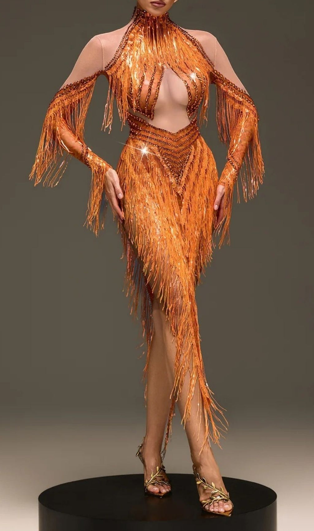 Ervanel Dazzling Fringe Sequin Gown with High Slit | Statement Party Dress