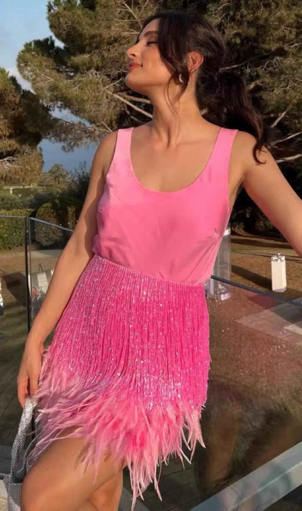 Shiny Fringe Feather Mini Dress In Pink
