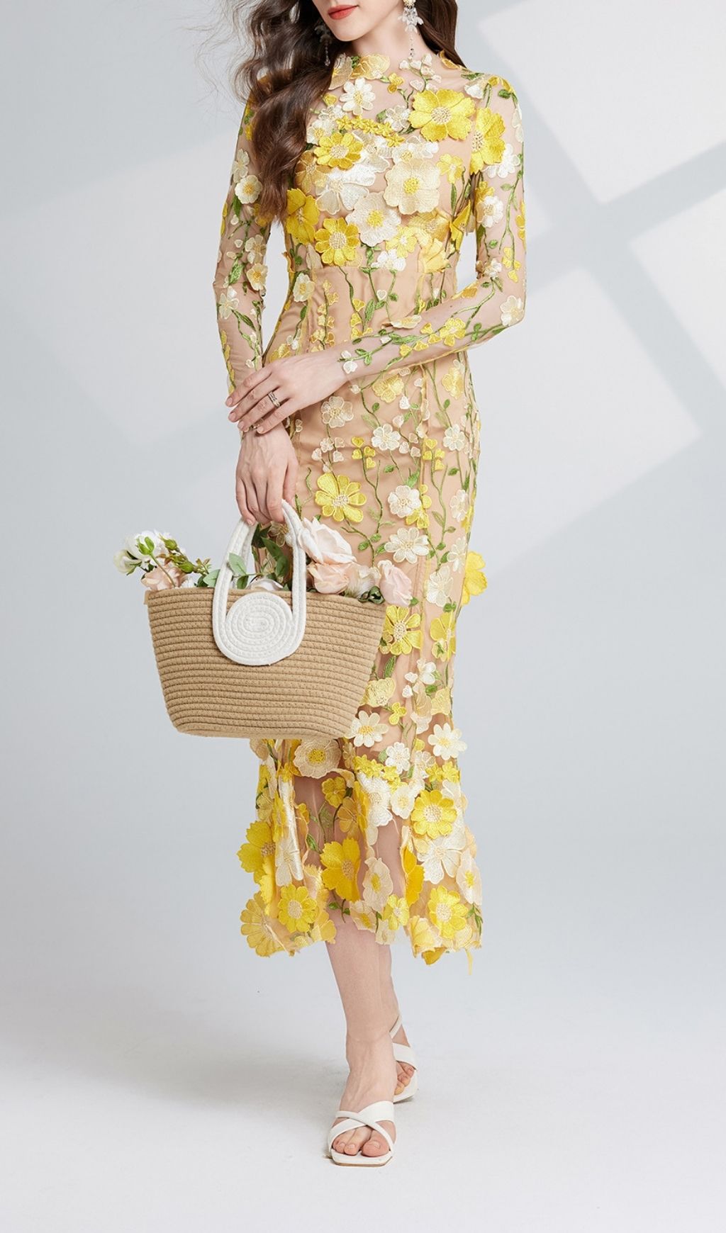 Carol Yellow Floral Embroidery Mesh Fishtail Long Sleeve Midi Dress