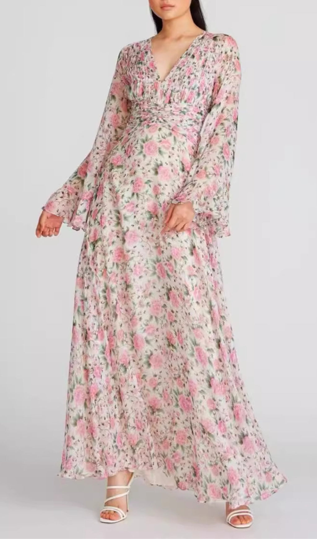 Aracely Pink V-Neck Floral Maxi Dress
