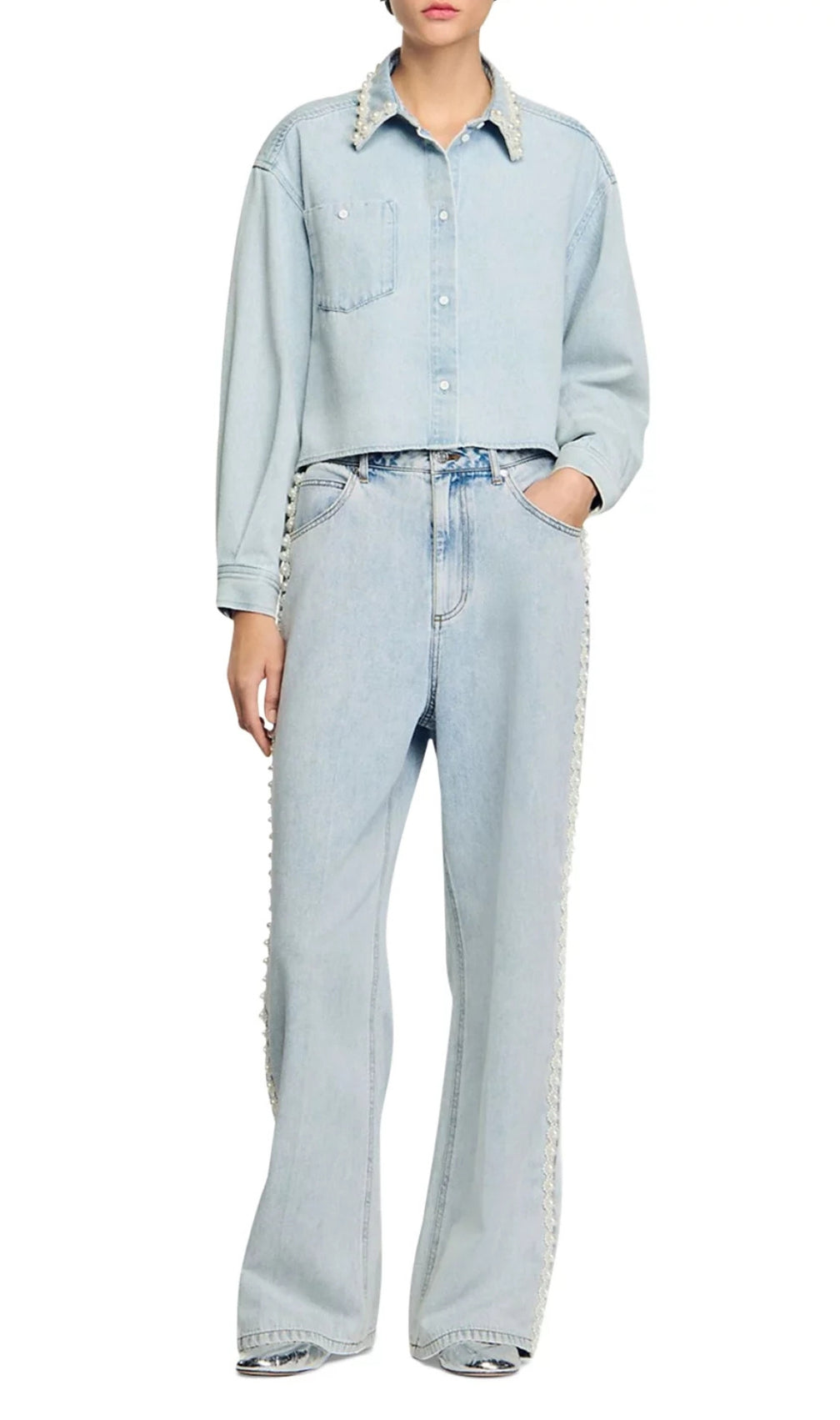 Beaded Collar Denim Shirt