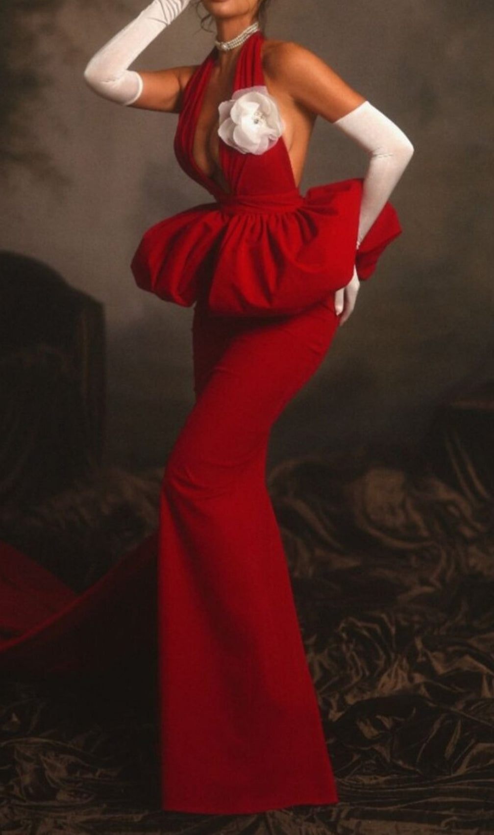 Clor Red Halter Flower Bandage Maxi Dress
