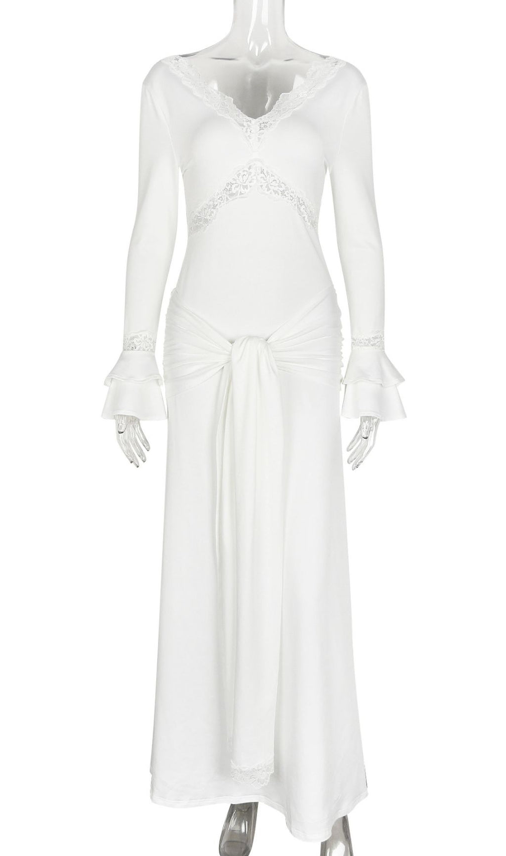 Akeelah Graceful Lace-Trimmed Flare Sleeve Maxi Dress | Tie-Waist Elegance
