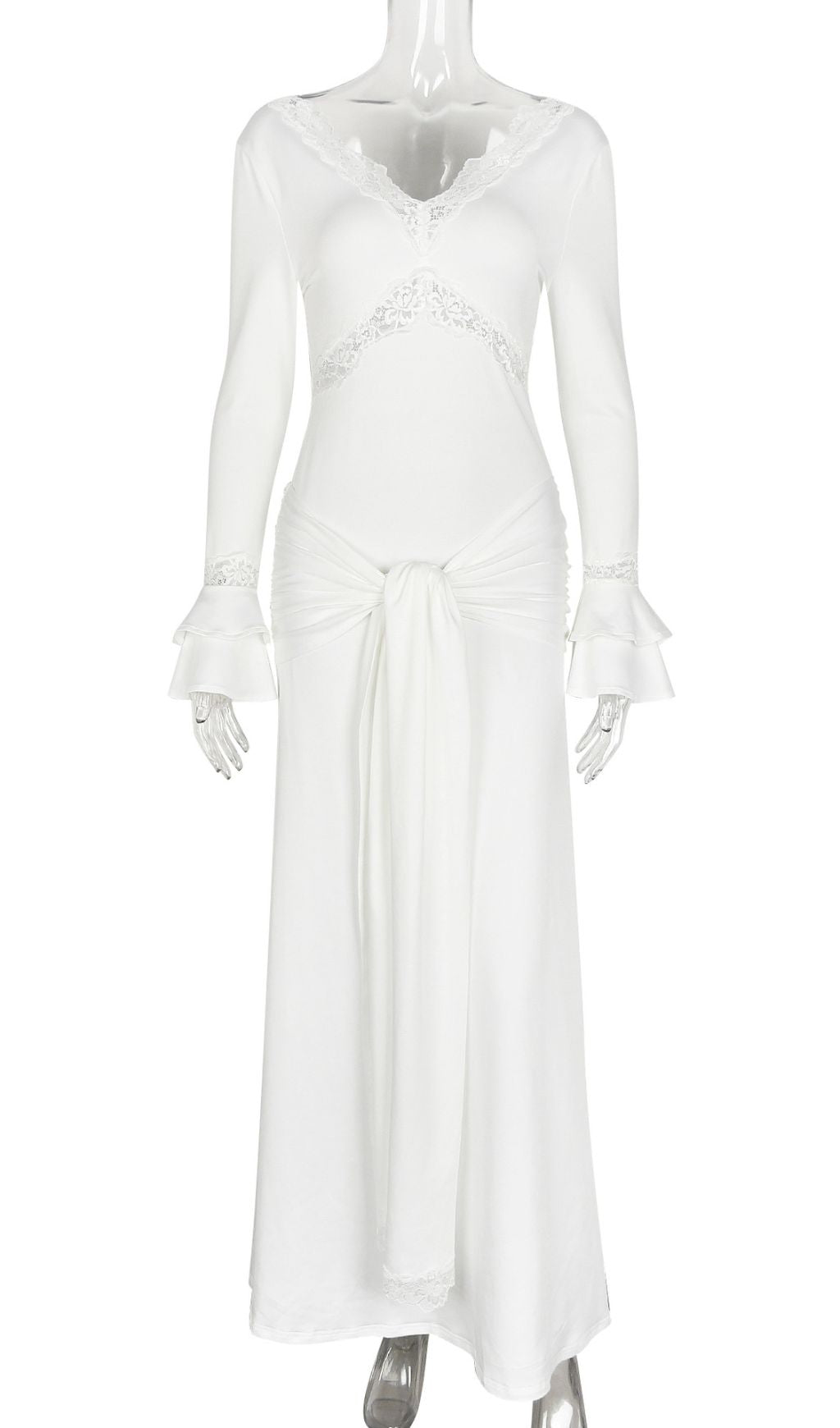 Akeelah Graceful Lace-Trimmed Flare Sleeve Maxi Dress | Tie-Waist Elegance