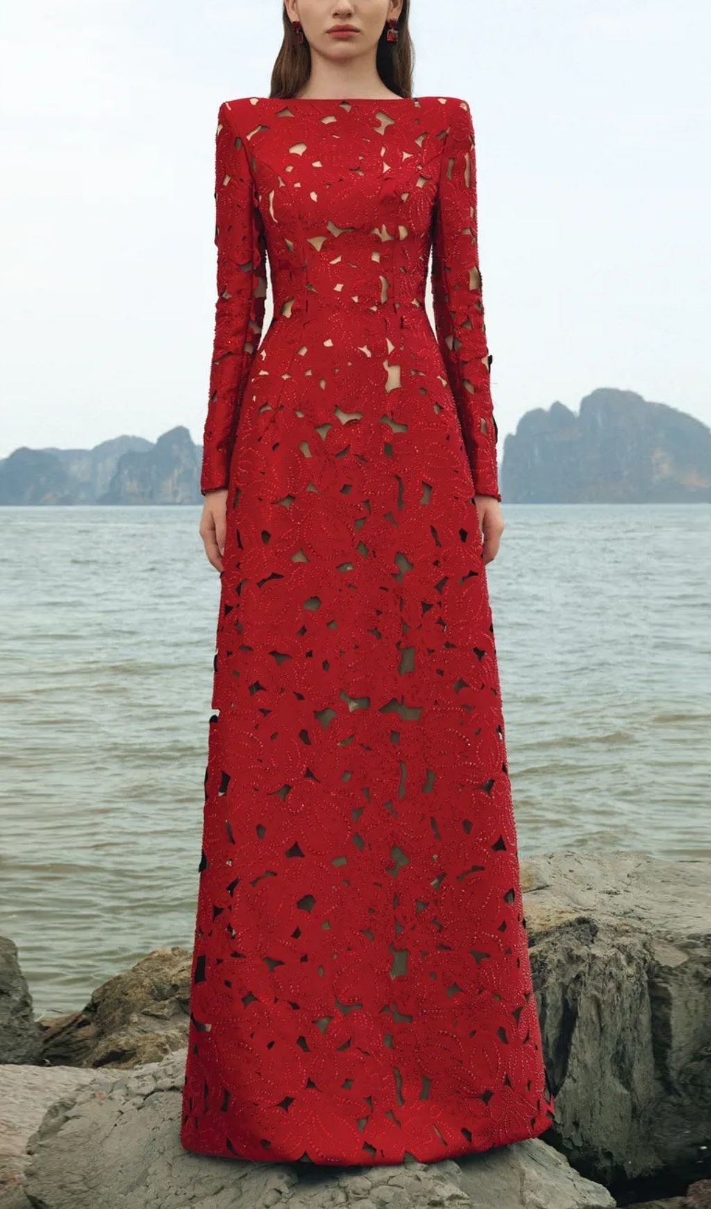 Kwanita Red Diamante Long Sleeve Maxi Dress