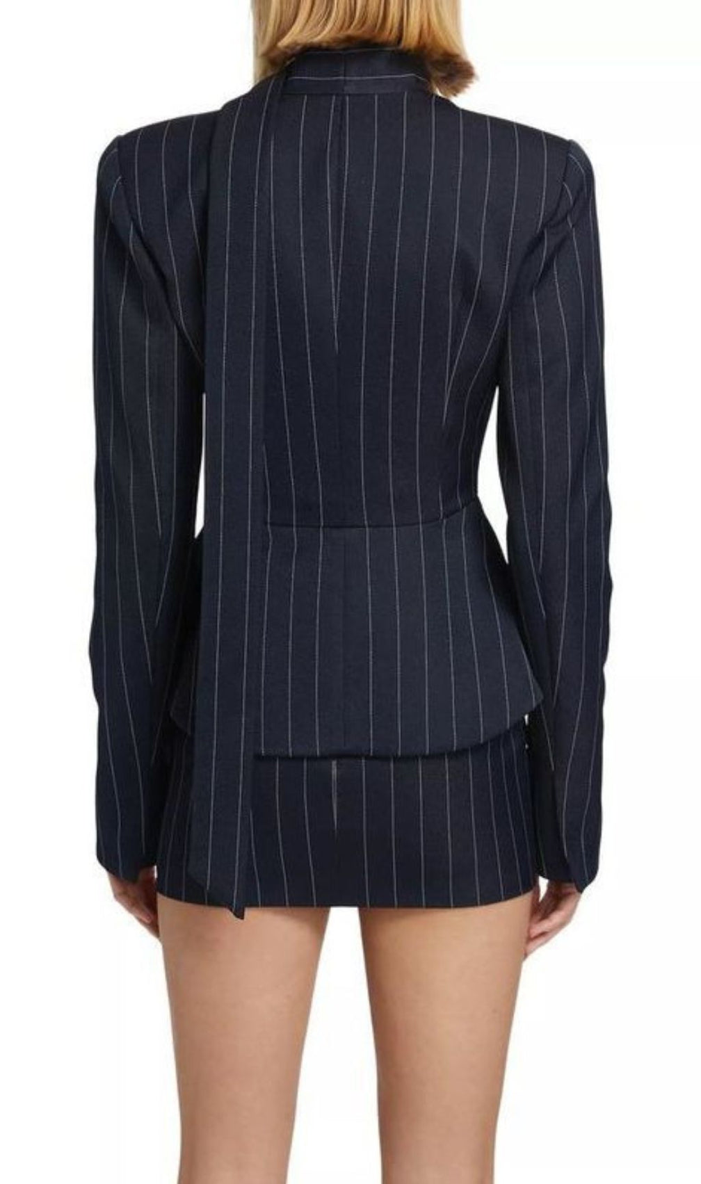 Heida Pinstripe Power Suit: Deep V Blazer & Mini Skirt Set with Choker Tie