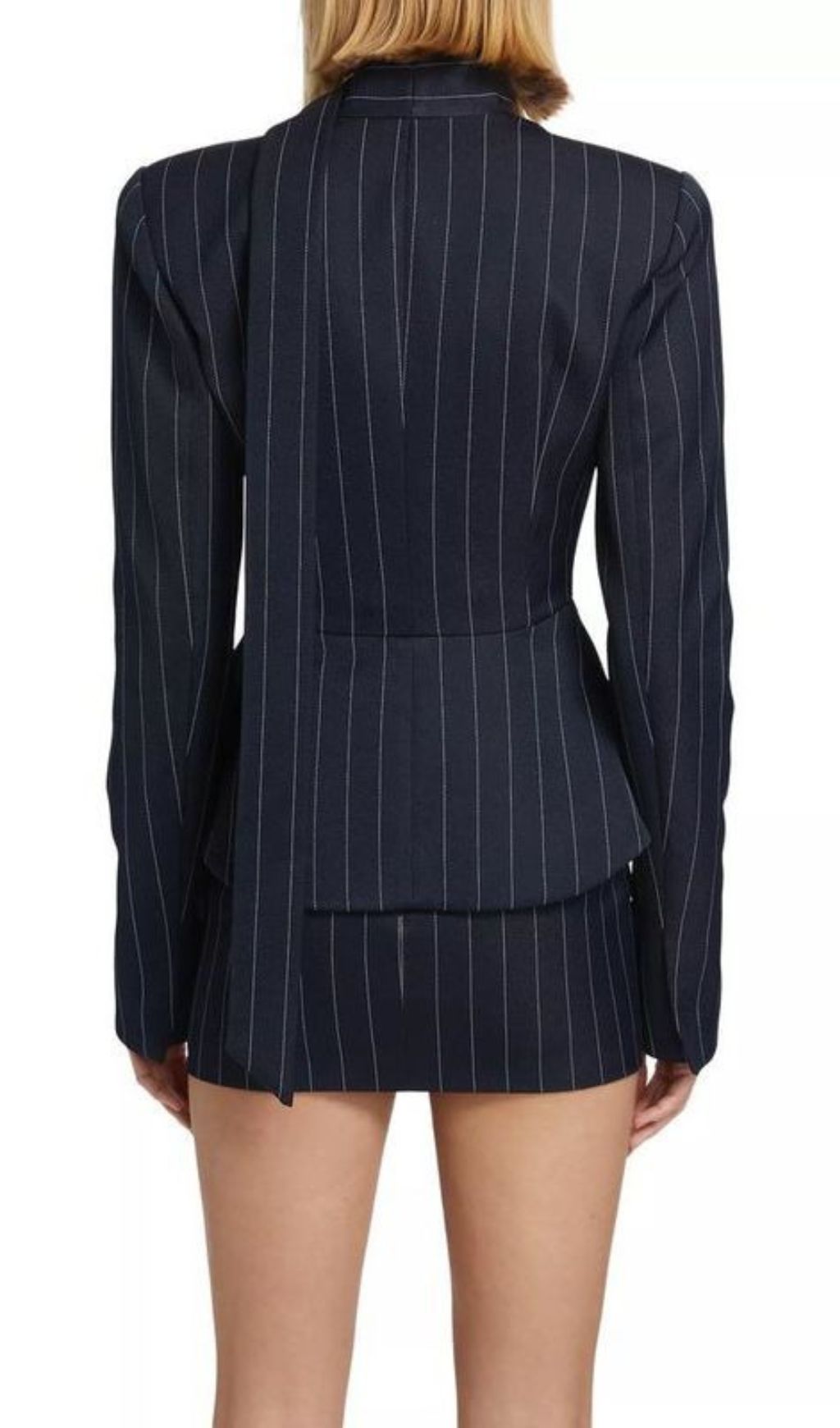 Heida Pinstripe Power Suit: Deep V Blazer & Mini Skirt Set with Choker Tie