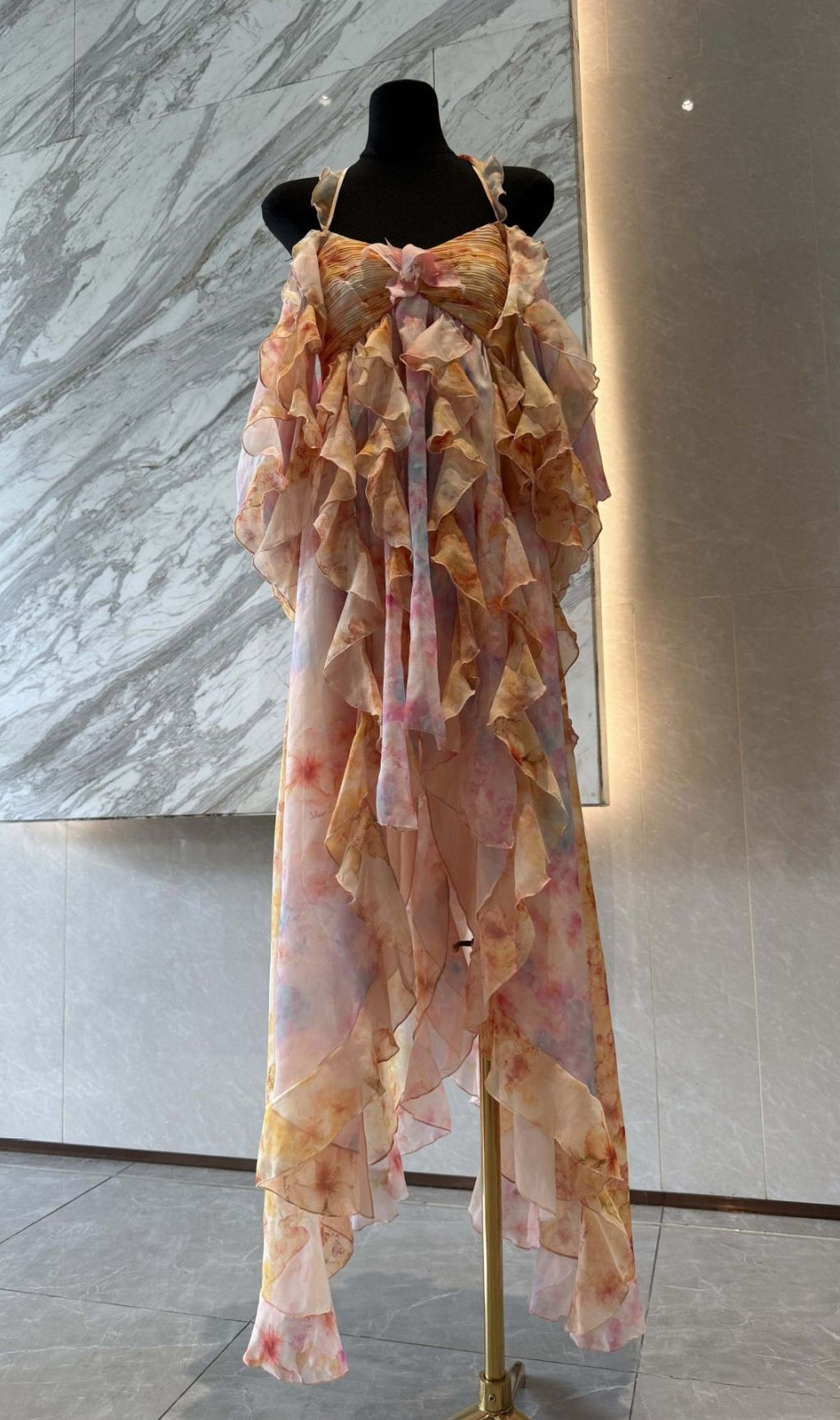 Komali Printed Butterfly Ruffle Maxi Dress