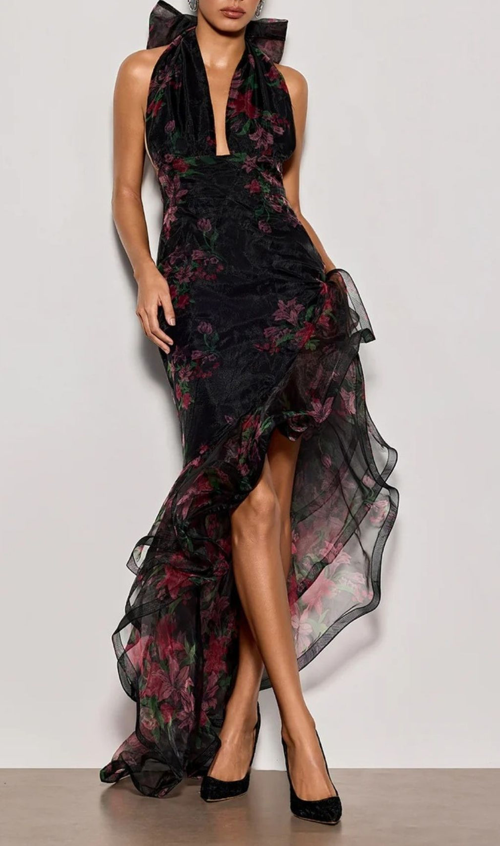 Cynna Enchanting Floral Ruffle Halter Maxi Dress with Bow Detail