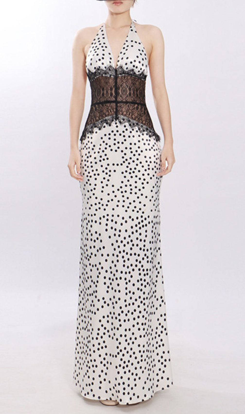Jezziel Chic Polka Dot & Lace Halter Maxi Dress - Elegant Women's Gown